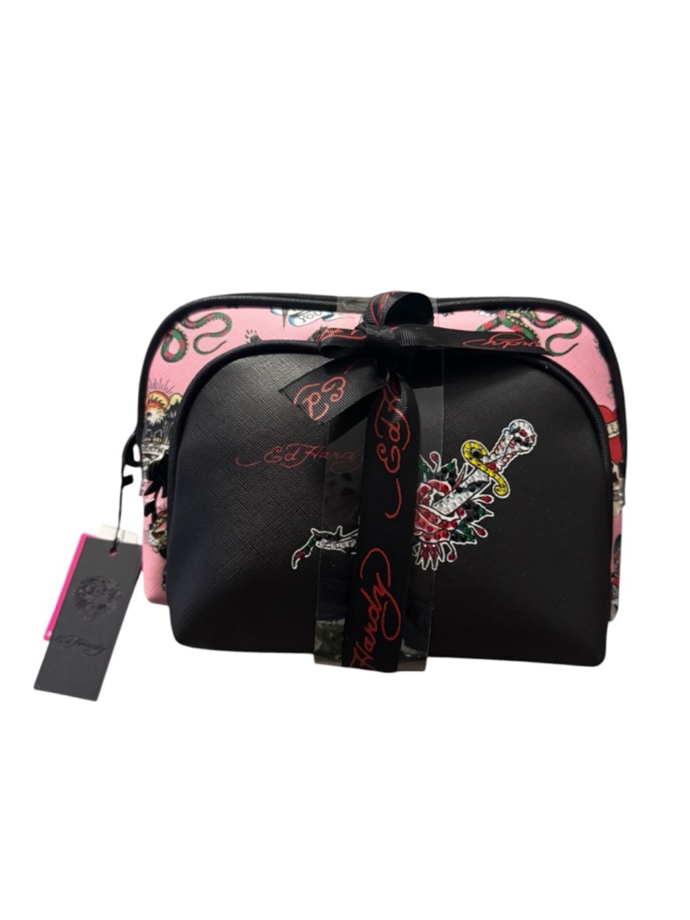 Ed Hardy Black & Pink Signature Tattoo Cosmetic Pouch Duo